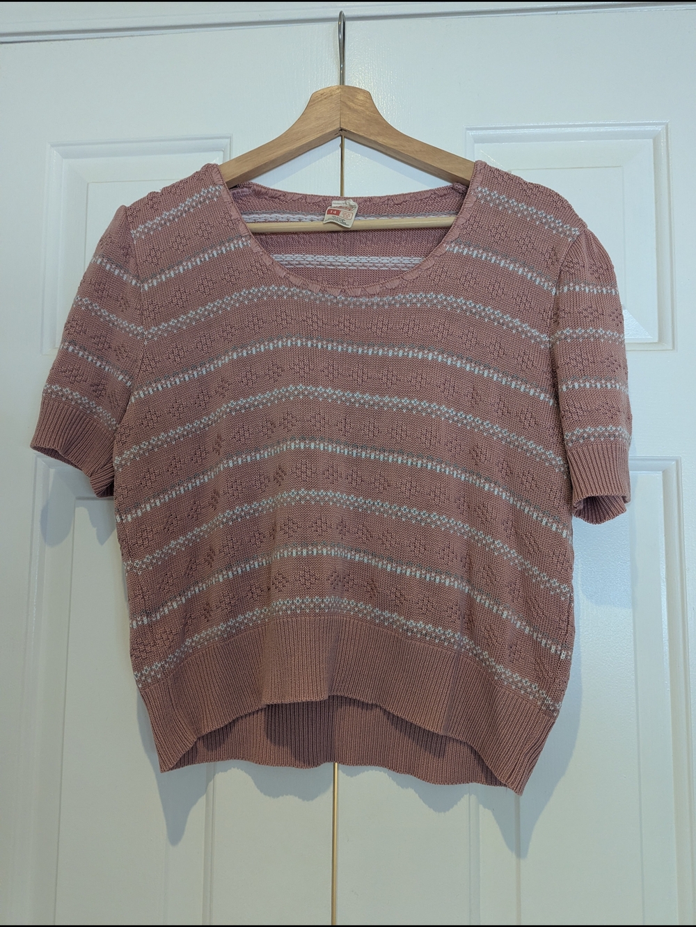 Vintage St Michael Dusty Rose Striped Knit Short-Sleeve Sweater Top Coastal S/M